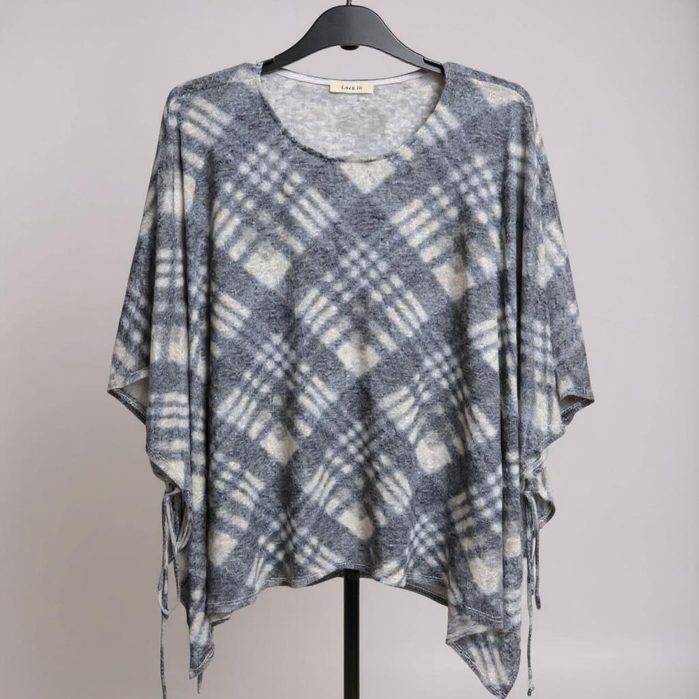 Love in Blue and Cream White Poncho Sweater with Plaid Design OSM‎